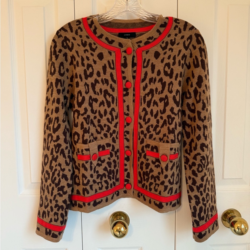 J Crew Brown and Red Blazer with Leopard Print